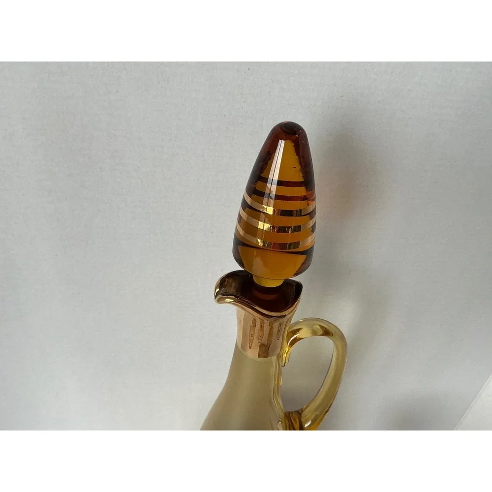 Bohemia Crystal Vintage Amber Glass Decanter Set Gold‎ Encrusted Floral 5pc MCM